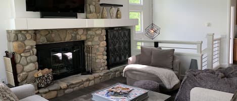 Large wood burning fireplace.