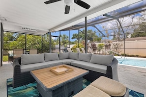 Covered outdoor living with ample seating