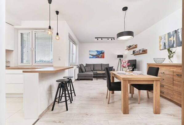 SALON:
Sofa, stolik kawowy, TV, szafa, wyjście na balkon
