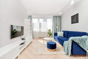 Comfortable, fold-out sofa in the living room. 