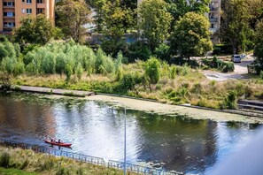 A scenic view of a tranquil river bordered by trees and a peaceful urban setting in the distance.