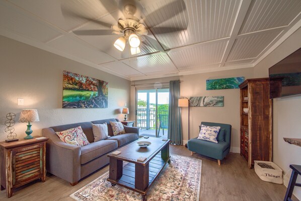 Cozy Living room with a Full Size Sofa Sleeper and Twin Chair fold out.