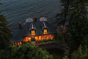 Twilight birds-eye view of Pumphouse on Lake Superior