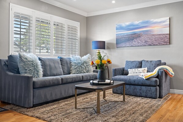 Casita living room, with shutters.