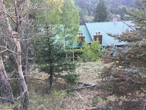 Looking down the hill from the unit, the red river is right behind the house