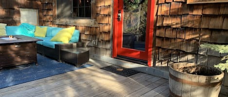 Deck with patio furniture and fire pit