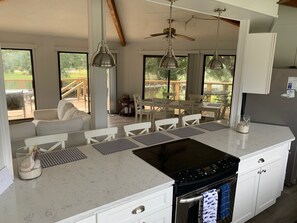 Plenty of dining area and counter space for cooking.