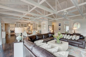 The exposed beams give this space a cozy and warm feel