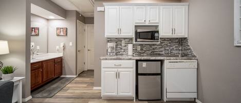 Kitchenette with Mini-Fridge, Dishwasher, and Microwave