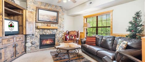 The Living Room features a Gas Fireplace, Cable TV/DVD, and a Sofa Bed