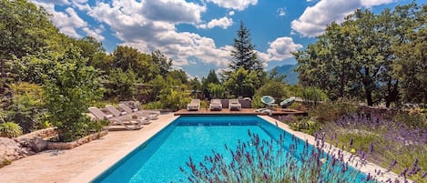 Heated pool with massage, geyser, anti-current swimming and lights in  colors