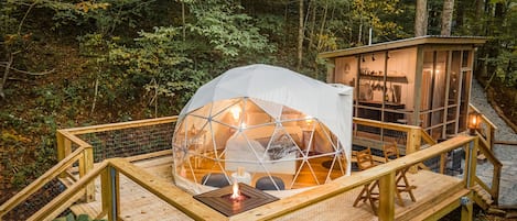 Tiny GeoPod with your outdoor heated bathroom and outdoor covered kitchen space