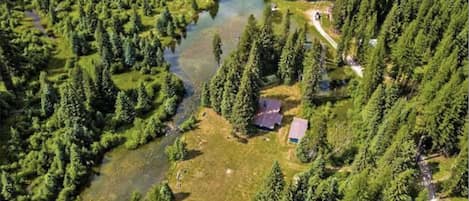 Aerial view of the cabin and yard.
