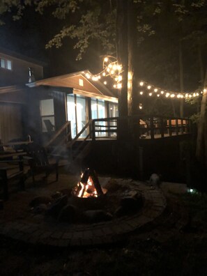 Fire pit and lights over the deck