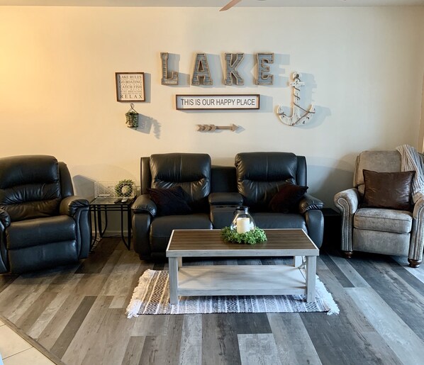 Our living room with leather seating.
