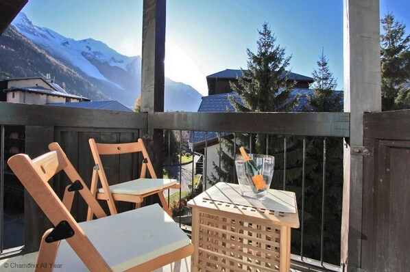 Sunny balcony has views of Mont Blanc