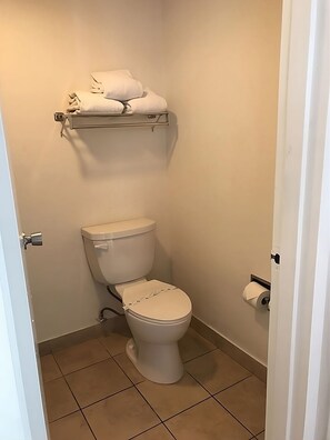 Full bathroom with a shower. Basic toiletries and towels are provided