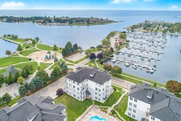 Aerial View of Building Condo is located within - Aerial view of the building that the condo is located within. The condo is located on the west side of the building and offers amazing views of the Marina and Lake Michigan Harbor