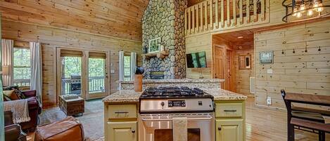 Stainless steel appliances, granite countertops, stone fireplace, and vaulted ceiling
