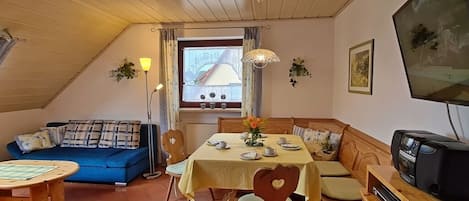 Kinderfreundliche Ferienwohnung Heidi im Fränkischen Seenland-Küche mit Essbereich und Schlafsofa, Wohnbereich