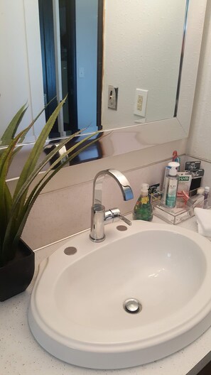A full bathroom stocked with Ammenities and lush towels.