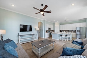 Large open concept living room / kitchen and dining area.