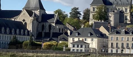 La maison entourée par la Loire,l'église Saint Nicolas,et le château de Blois.