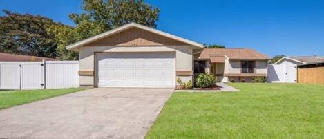 Front yard and garage