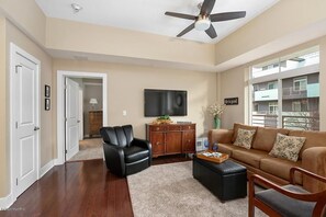 Open floor plan, with sofa bed in living room.  Cable TV provided.