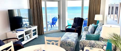 Enjoy amazing ocean views from the living room, dining space, and kitchen.
