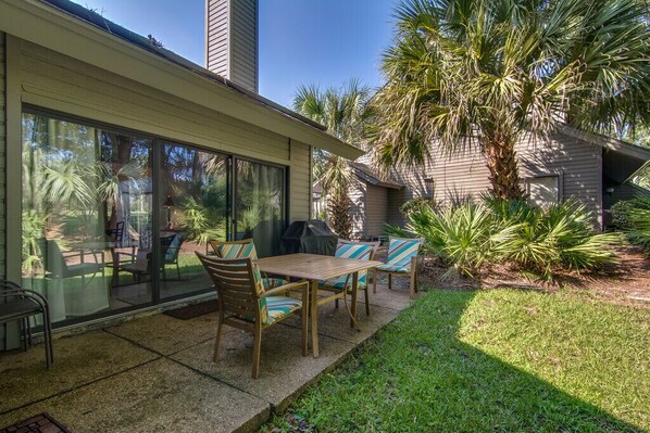 Private patio with gas grill