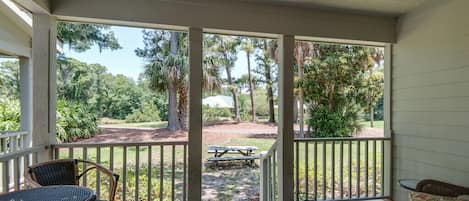Spacious private deck with views of the community grounds