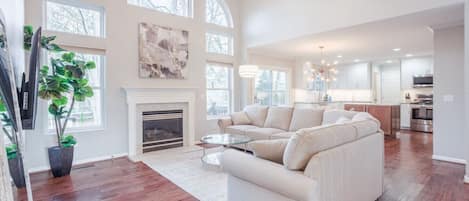 Mid century modern living room with 20ft ceiling