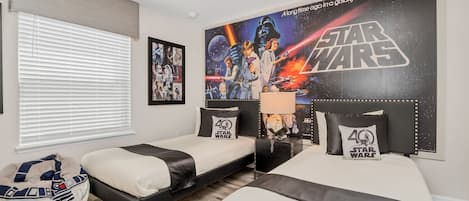 Amazing Star Wars themed twin bedroom with flat screen TV
