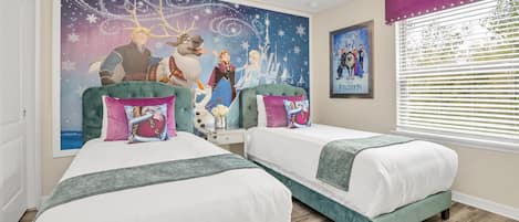 Amazing Frozen themed twin bedroom with flat screen TV