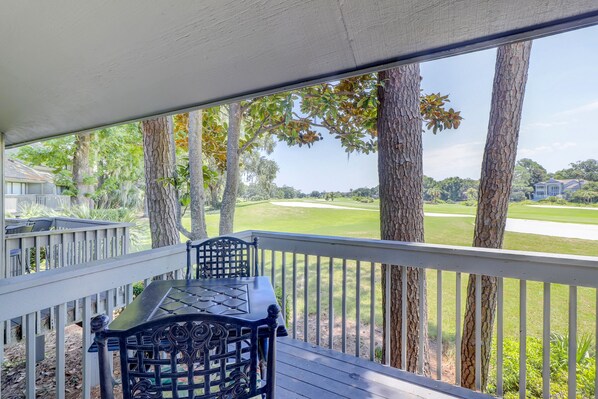 Covered patio with golf view