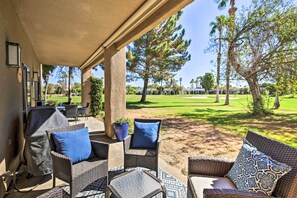 Private Covered Patio | Desert Princess Country Club Golf Course Views