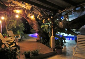 View from outdoor tiki lounge at night. Perfect backdrop for special memories.