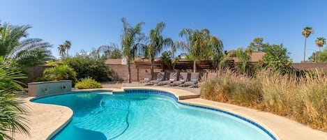 Amazing tropical yard with one of our largest pools (can be heated for $100/day)