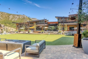 The new Snowmass Base Village area features a central space for games in the summer and ice skating in the winter.