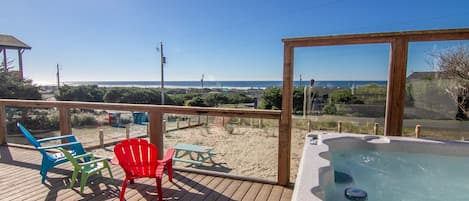 Soak in ocean view hot tub right on the front deck!