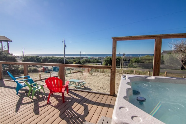 Soak in ocean view hot tub right on the front deck!