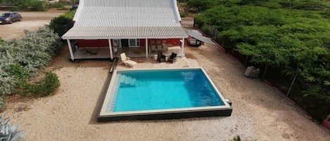 drone view backyard pool