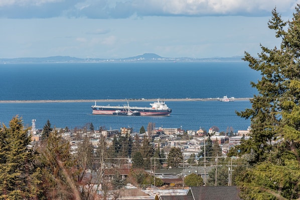 Breathtaking views of Port Angeles can be seen from the home