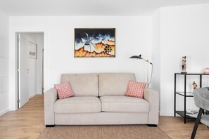 Stylish decor, comfy couch, attention to detail