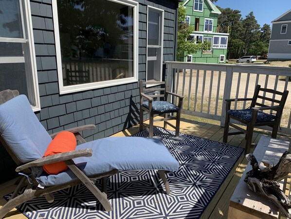 Deck facing Popham Beach, which is just 1 minute walk!