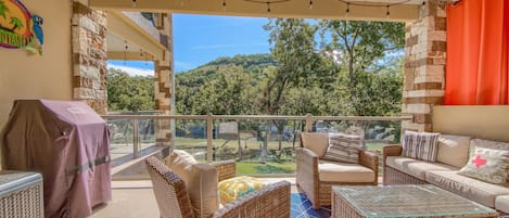 Fabulous patio seating with a river view.