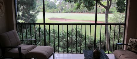 Inviting lanai to enjoy coffee in the morning overlooking hole number 7.