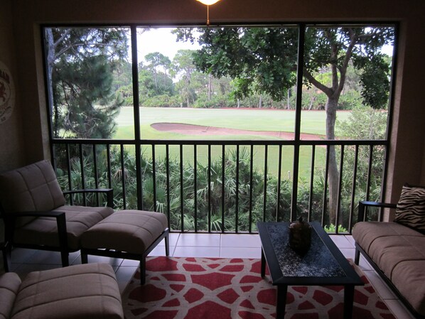 Inviting lanai to enjoy coffee in the morning overlooking hole number 7.