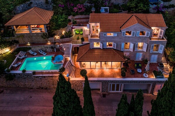 Aerial view of Croatia luxury beachfront villa Dubrovnik Palace with private pool and jacuzzi in Dubrovnik